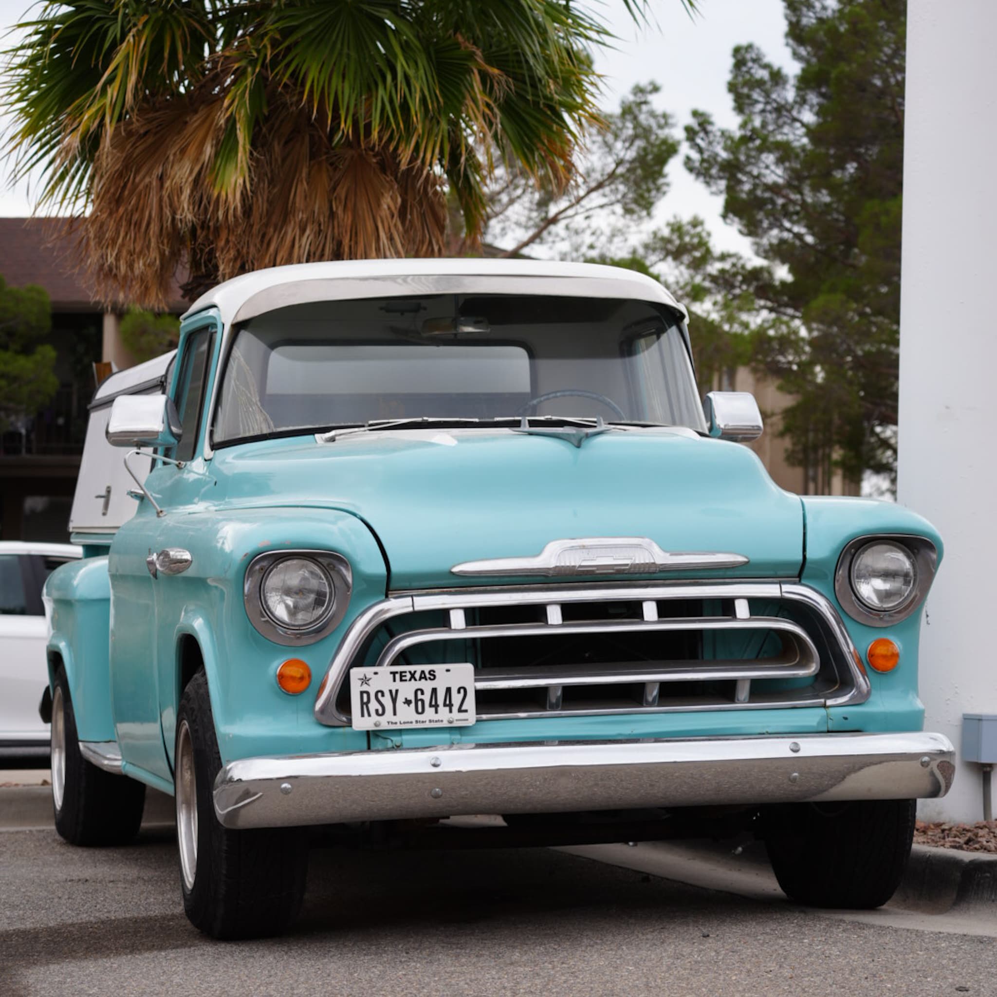 a blue and white truck